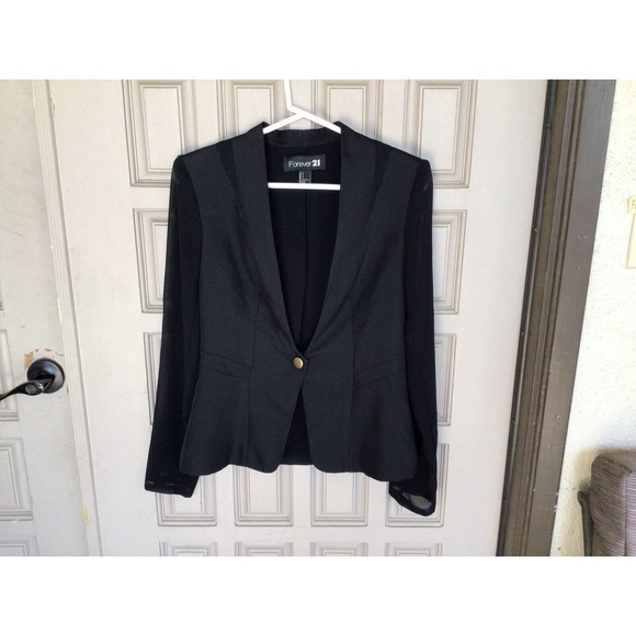 Forever 21 Jacket SzS Black Button Sheer Sleeves Long V Neck Pre-Owned - Picture 1 of 10